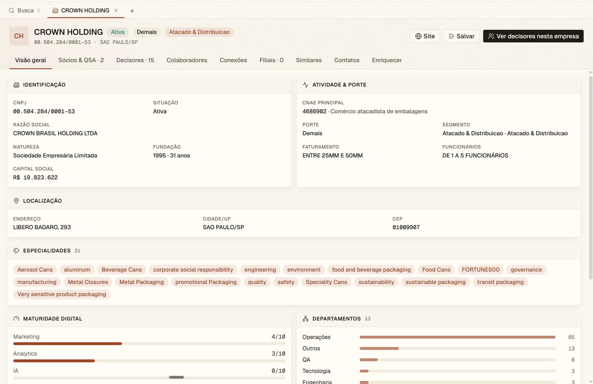 Perfil de empresa no TAMZ: identificação, atividade e porte, especialidades, maturidade digital e departamentos